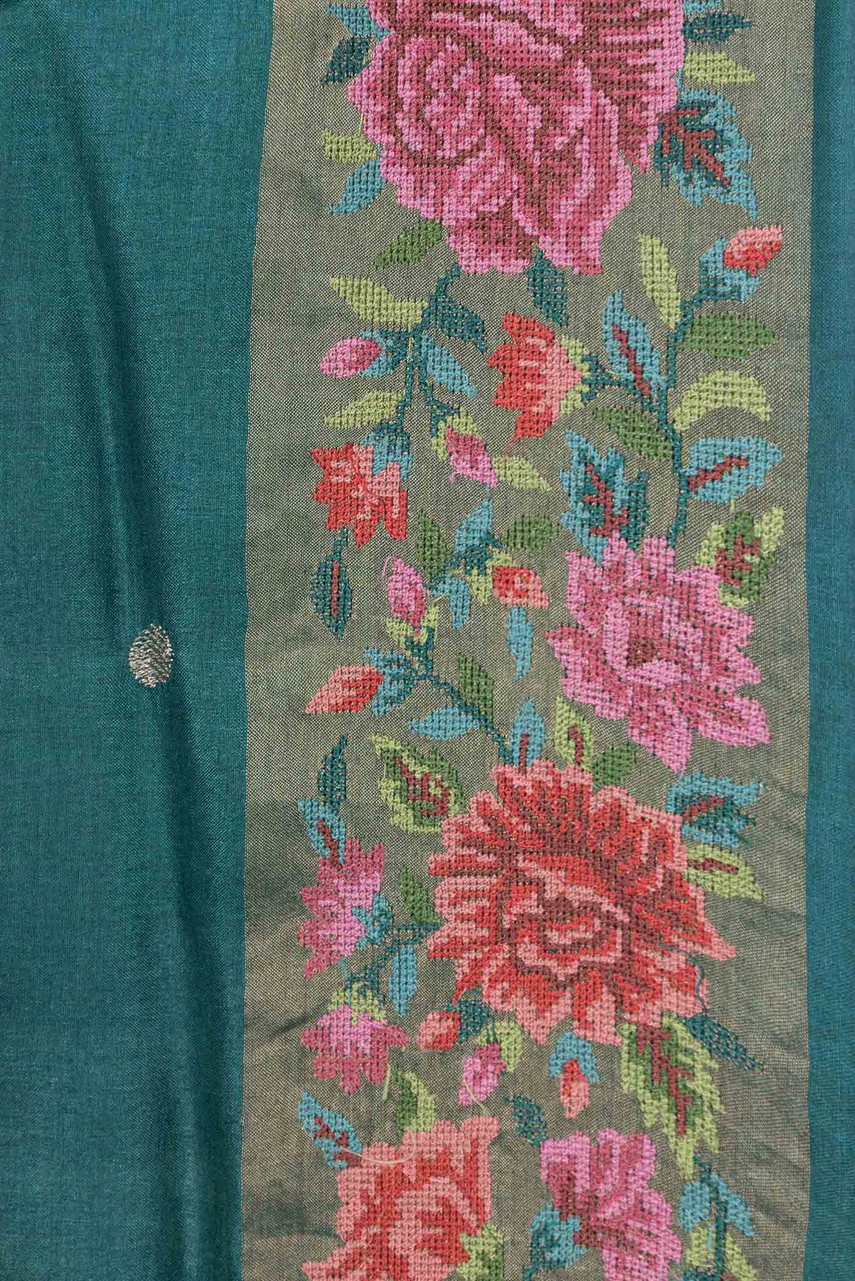 Border image of Peacock Blue Dual Tone Tussar Saree with Zari Butta on the body and Embroidery Border