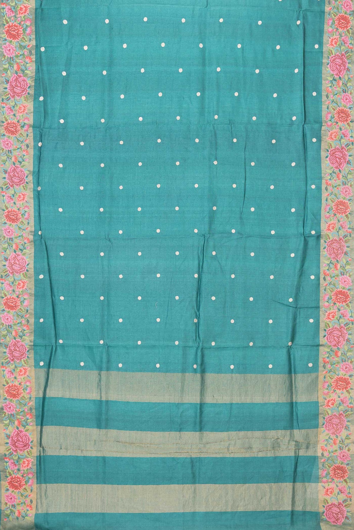 Flat view of Peacock Blue Dual Tone Tussar Saree with Zari Butta on the body and Embroidery Border