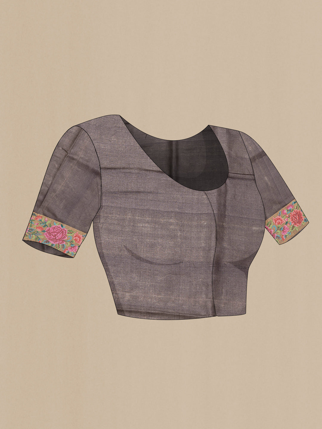 Close up image of the blouse of Brown Dual Tone Tussar Silk Saree with Zari Butta on the body and Embroidery Border. 