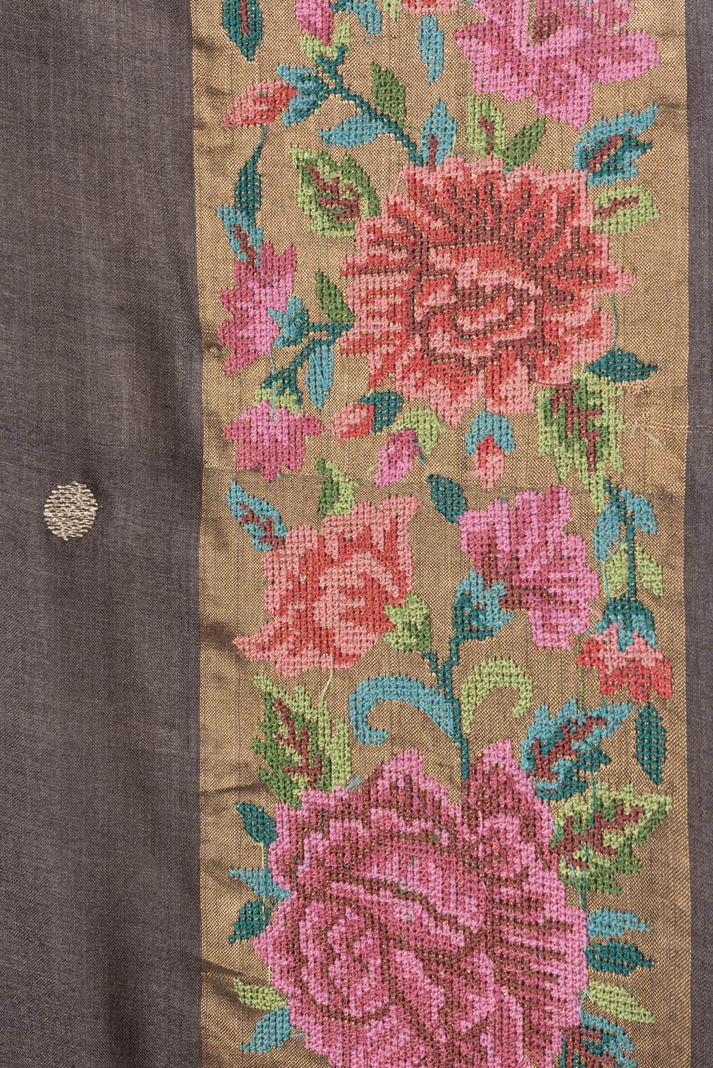 Border image of Brown Dual Tone Tussar Silk Saree with Zari Butta on the body and Embroidery Border. 