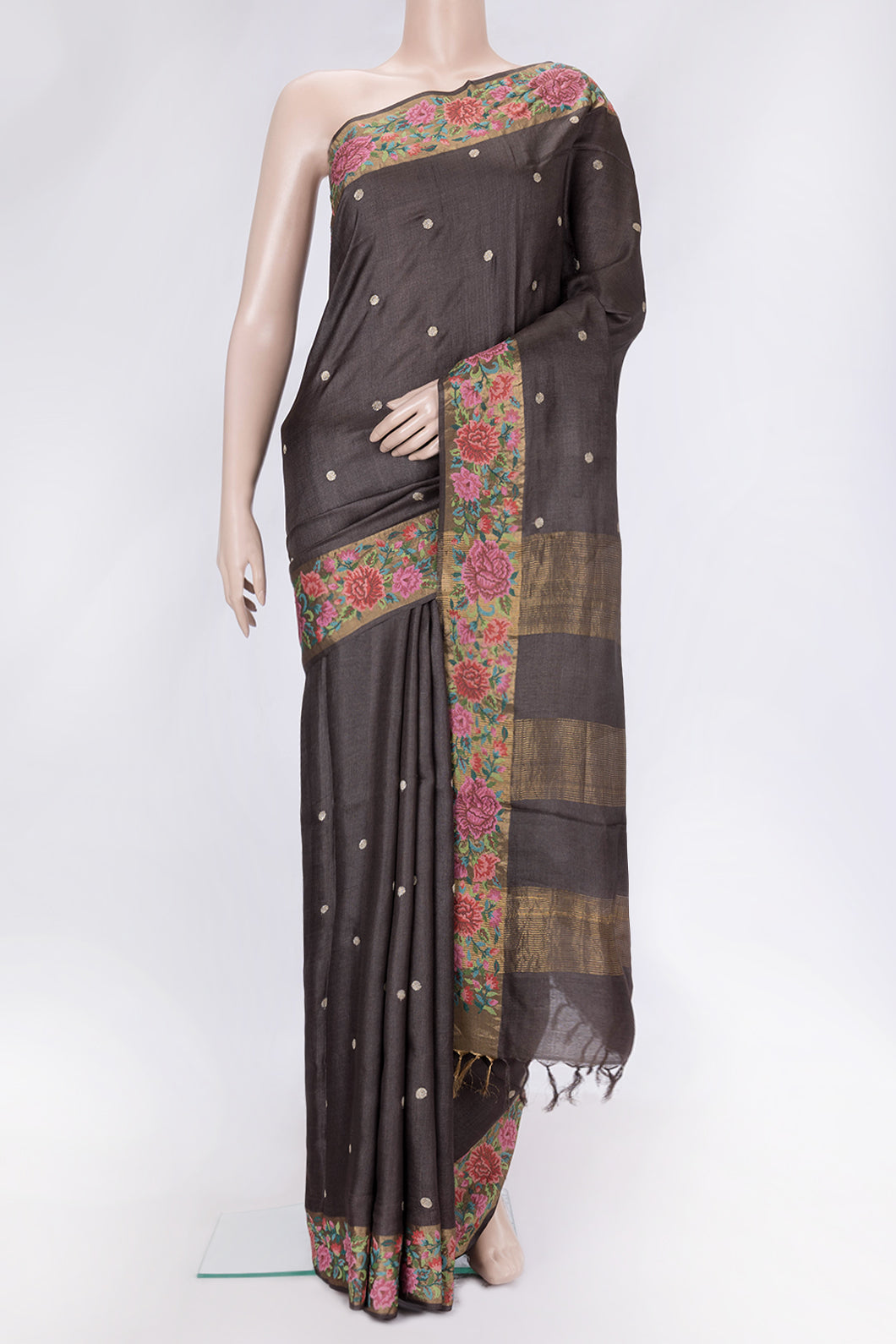 Brown Dual Tone Tussar Silk Saree with Zari Butta on the body and Embroidery Border.  displayed on a mannequin