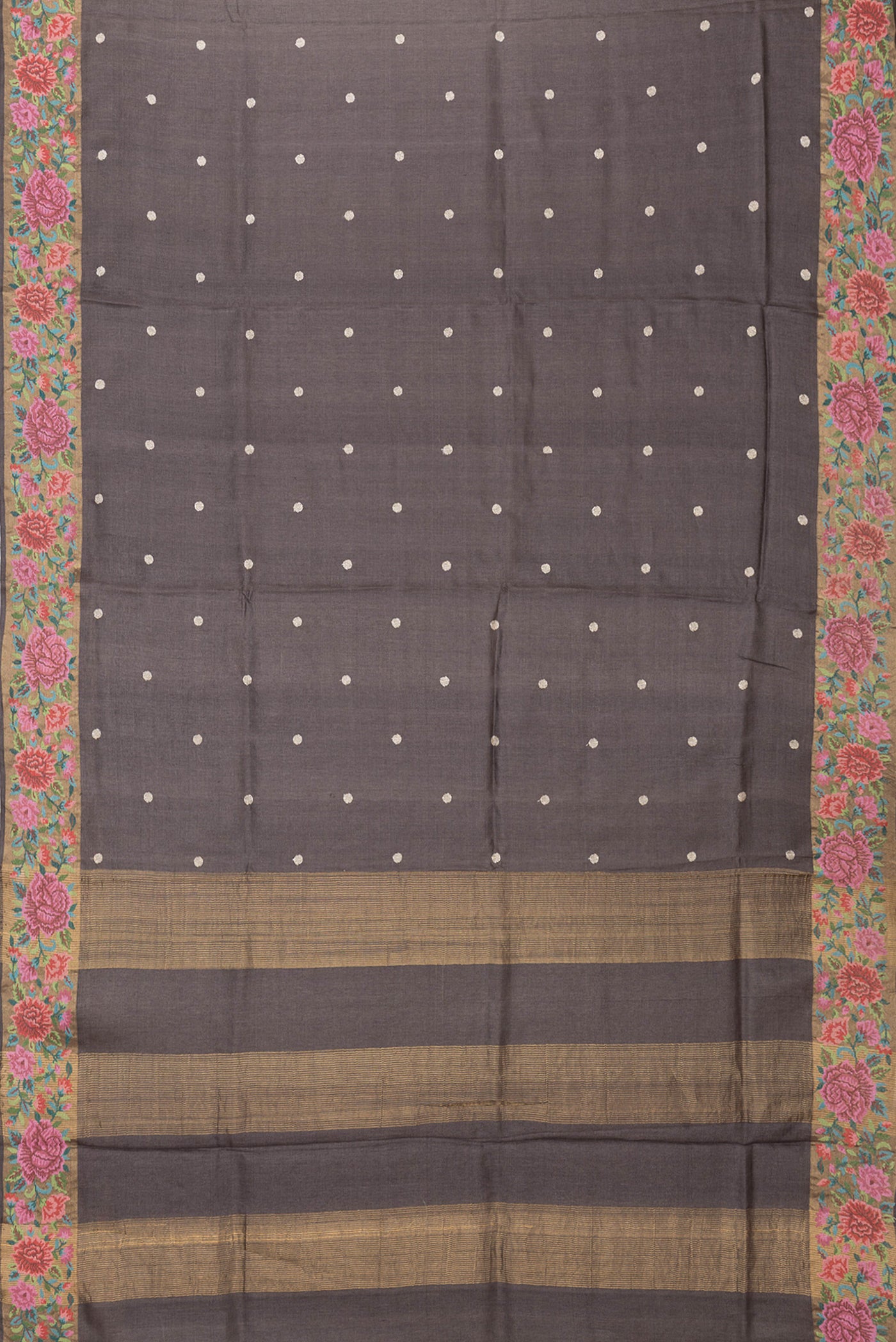 Flat view of Brown Dual Tone Tussar Silk Saree with Zari Butta on the body and Embroidery Border. 