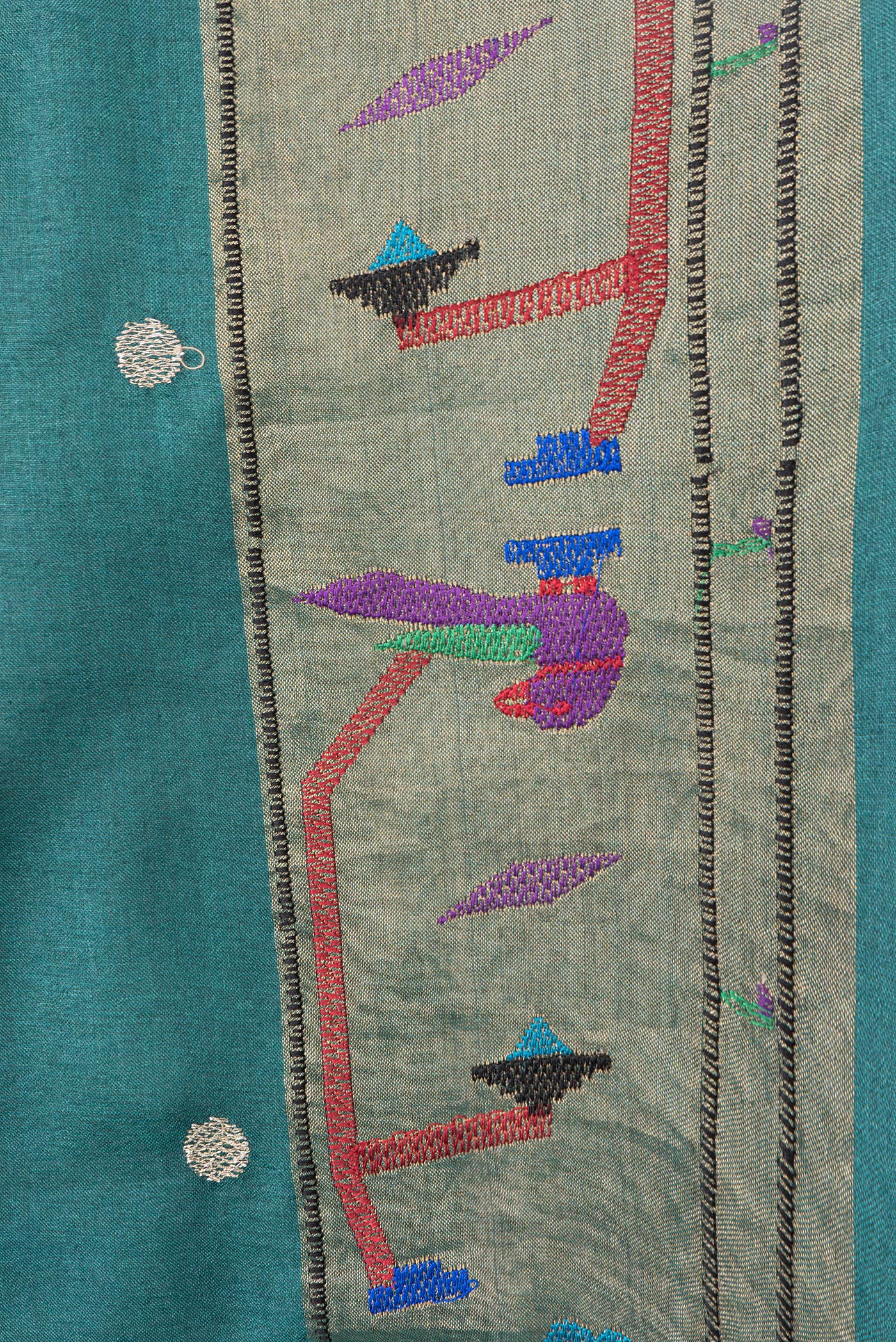 Border image of Green Dual Tone Tussar Silk Saree with Zari Butta on the body and Zari And Thread Border. 