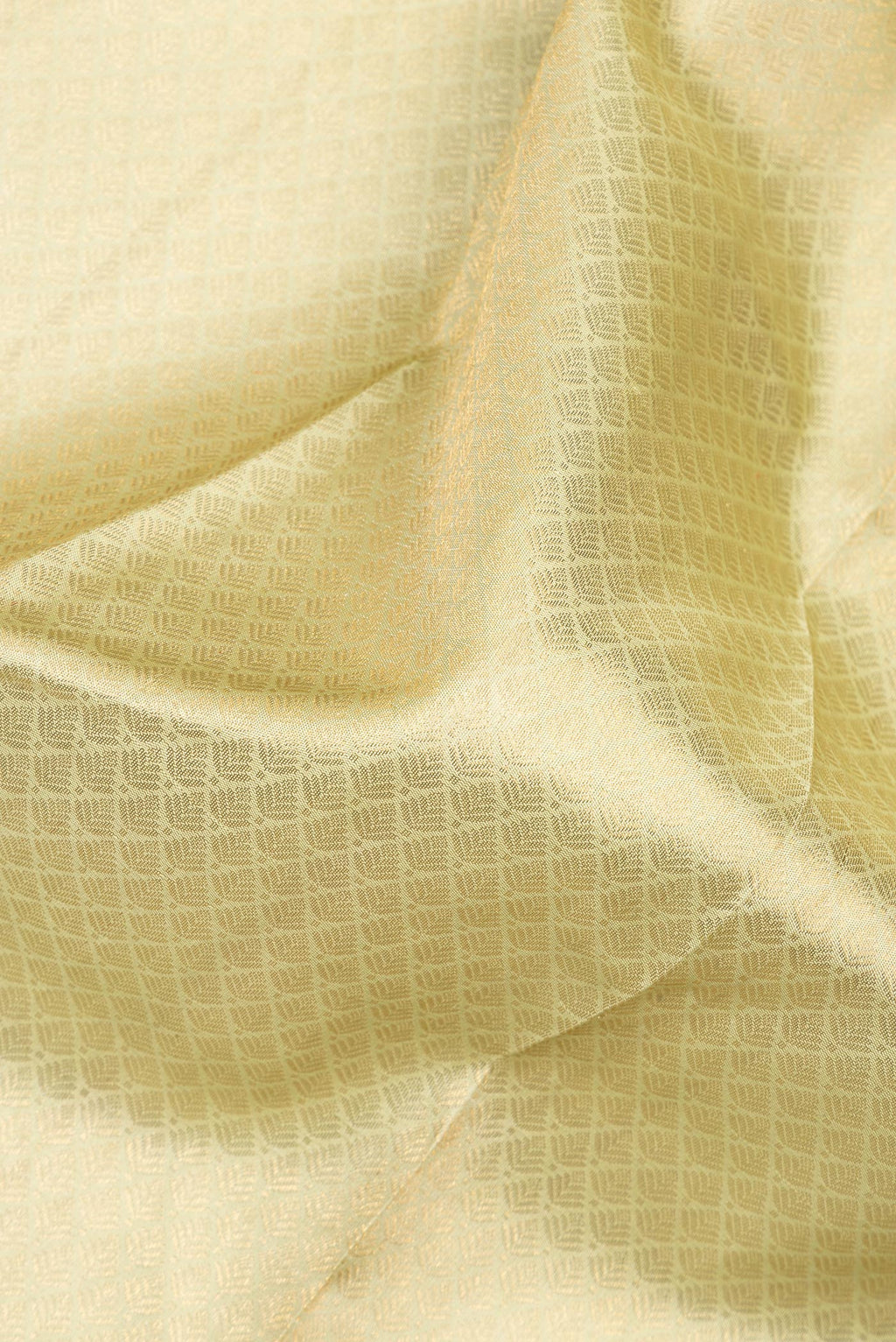 Close up of Pure Silk Gold Kanchipuram Saree with Zari Brocade on the body and Zari Border.  displaying folds