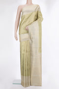 Pure Silk Gold Kanchipuram Saree with Zari Brocade on the body and Zari Border.  displayed on a mannequin