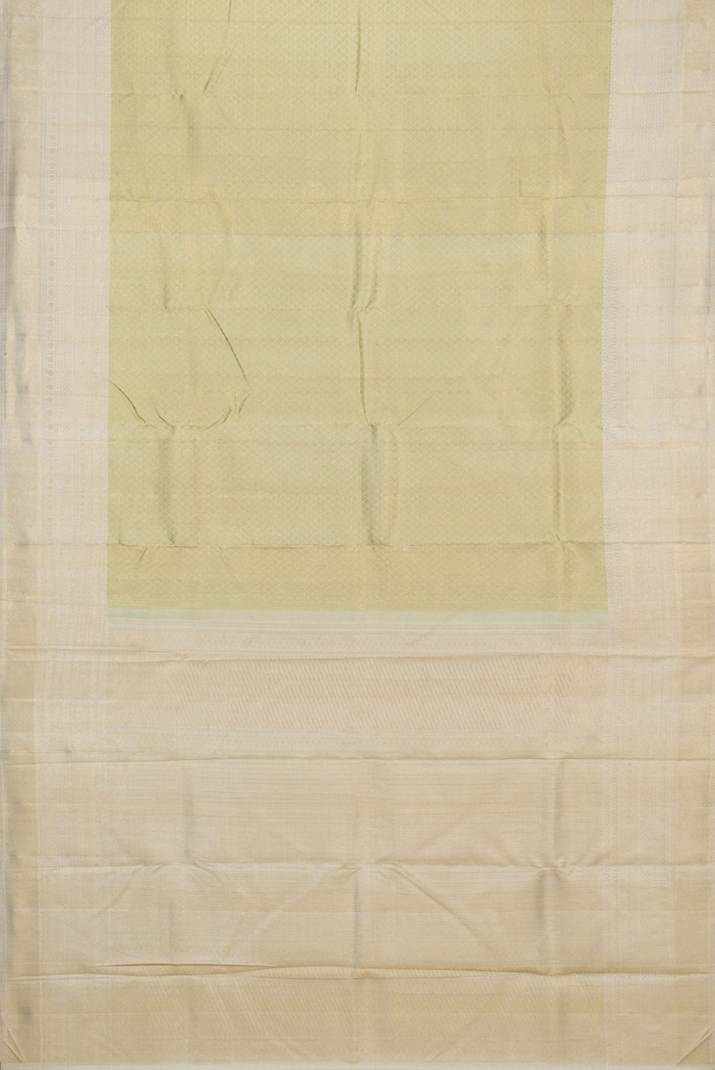 Flat view of Pure Silk Gold Kanchipuram Saree with Zari Brocade on the body and Zari Border. 