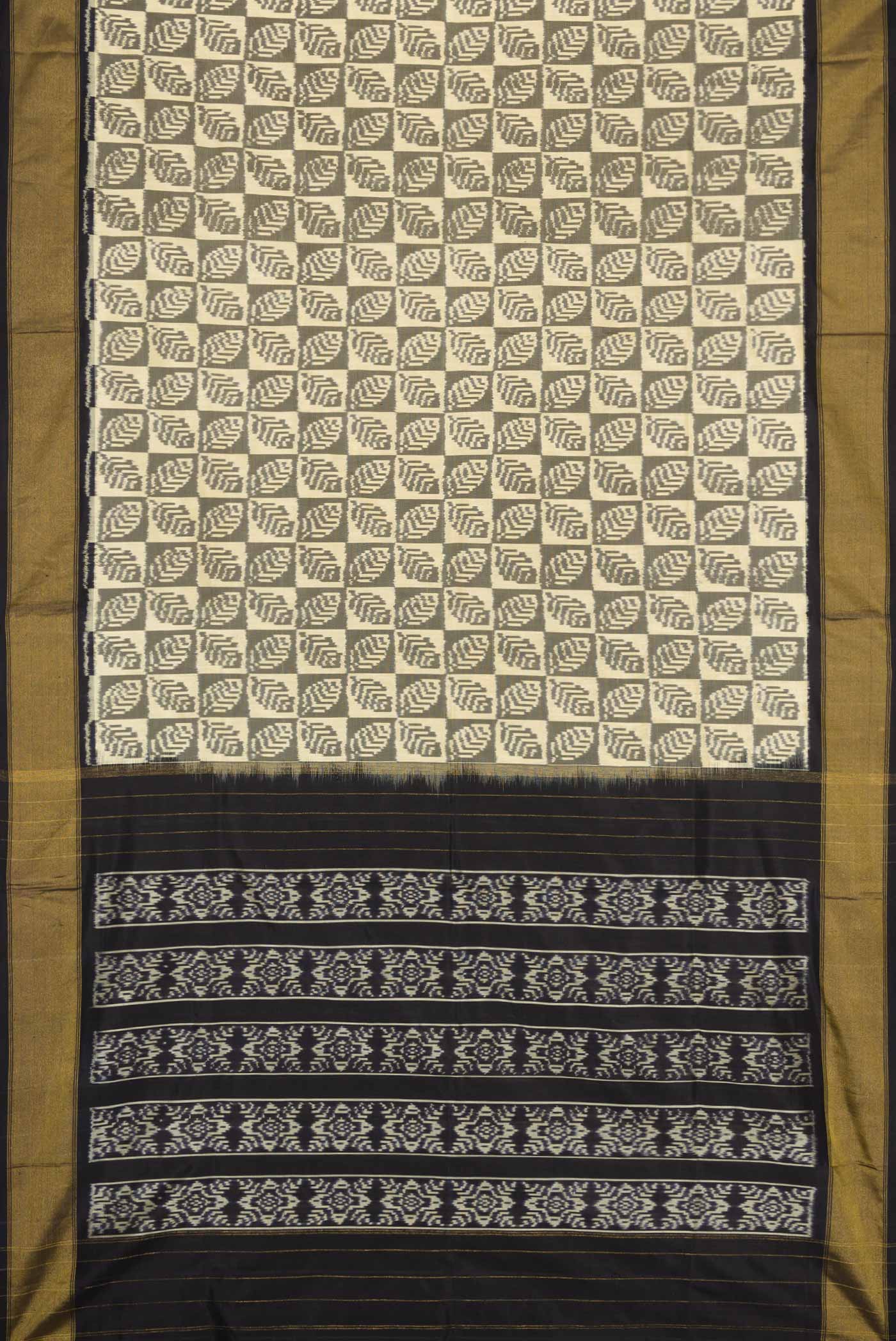 Flat view of Sandal Pochampally Silk Saree with Pure Ikat on the body and Zari Border