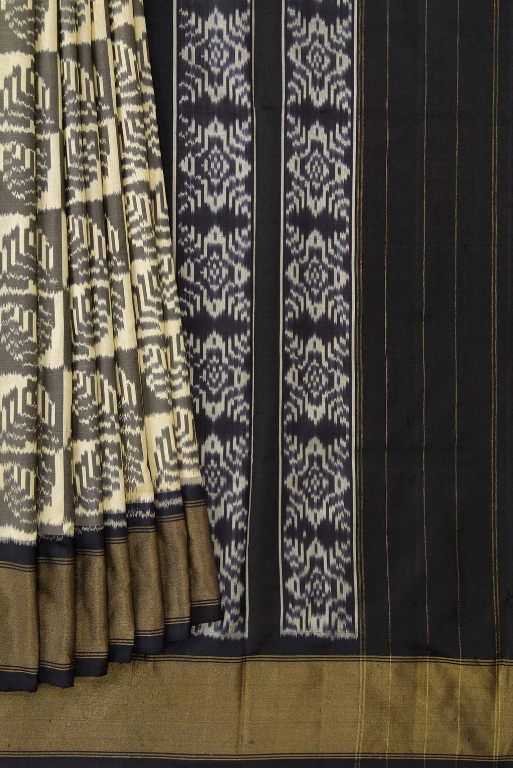 Pleats and pallu of Sandal Pochampally Silk Saree with Pure Ikat on the body and Zari Border