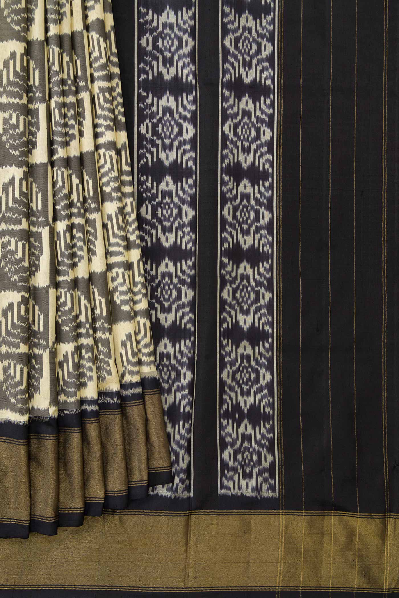 Pleats and pallu of Sandal Pochampally Silk Saree with Pure Ikat on the body and Zari Border