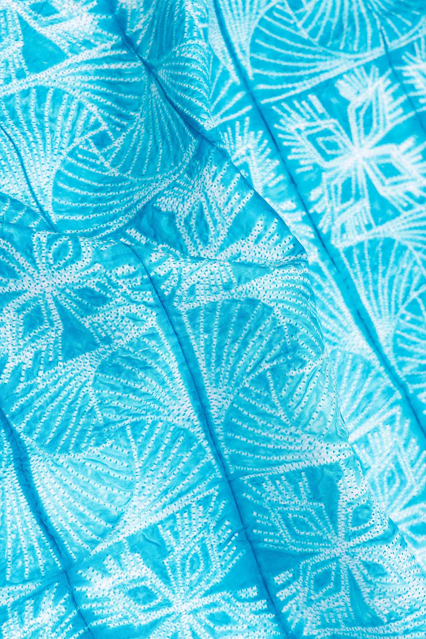 Close up of Sky Blue Dual Tone Tussar Saree with Printed design on the body and Embroidery Border.  displaying folds