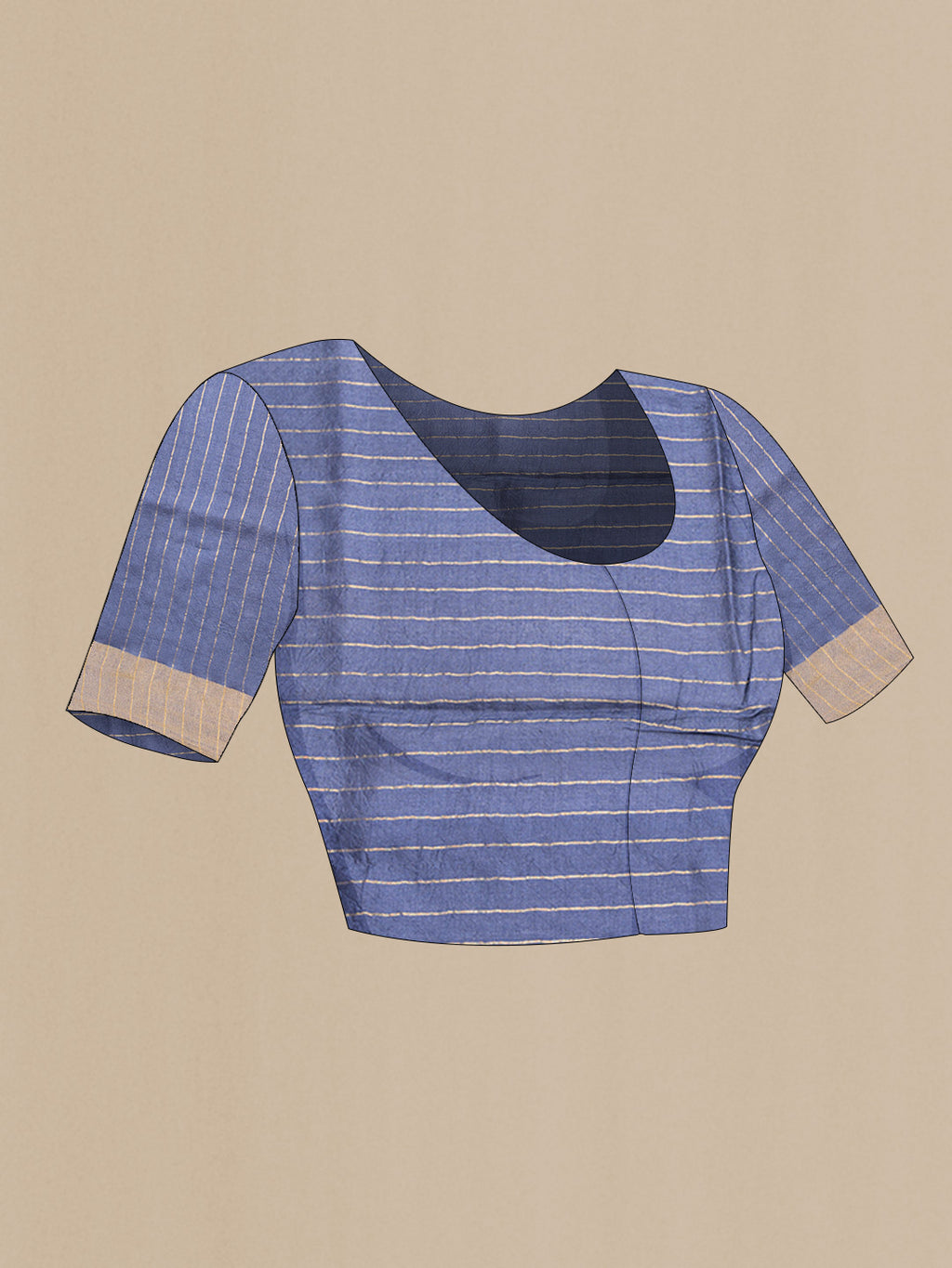 Close up image of the blouse of Navy Blue Dual Tone Tussar Saree with Printed design on the body and Zari Border. 