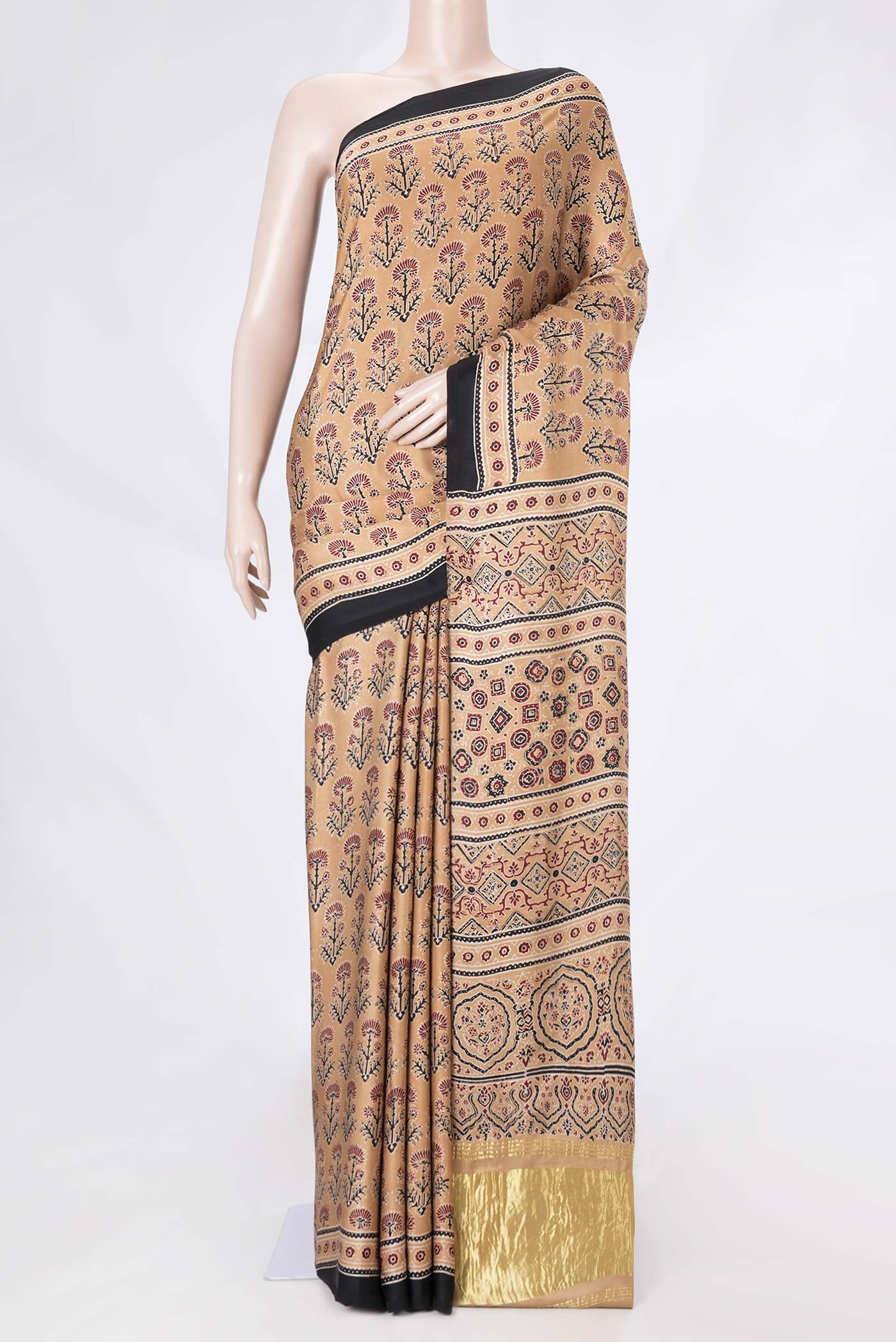Sandal Dual Tone Satin Silk Saree with Printed design on the body and Printed Border displayed on a mannequin
