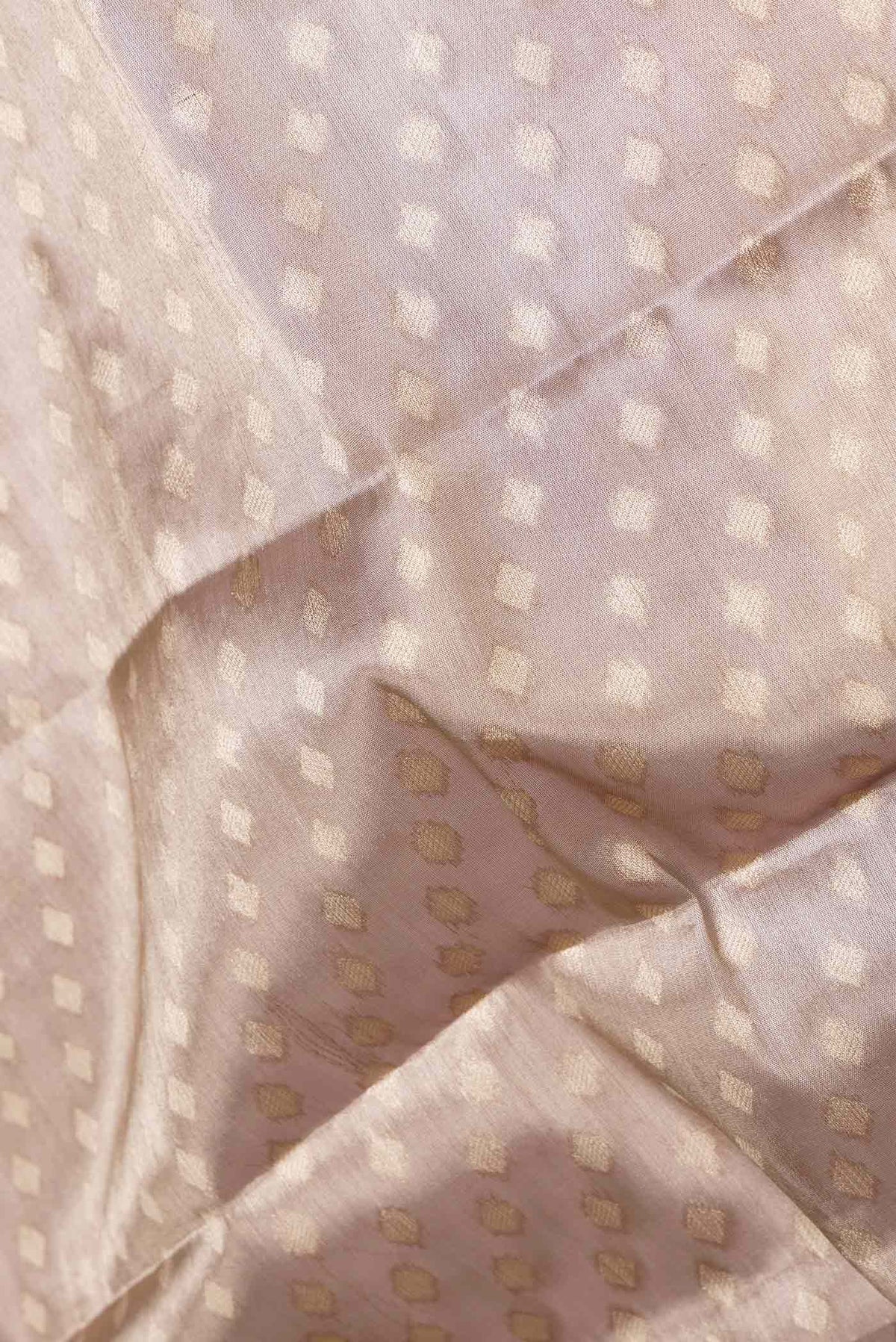 Close up of Golden Peach Dual Tone Organza Silk Saree with Zari Brocade on the body and Embroidery Border displaying folds