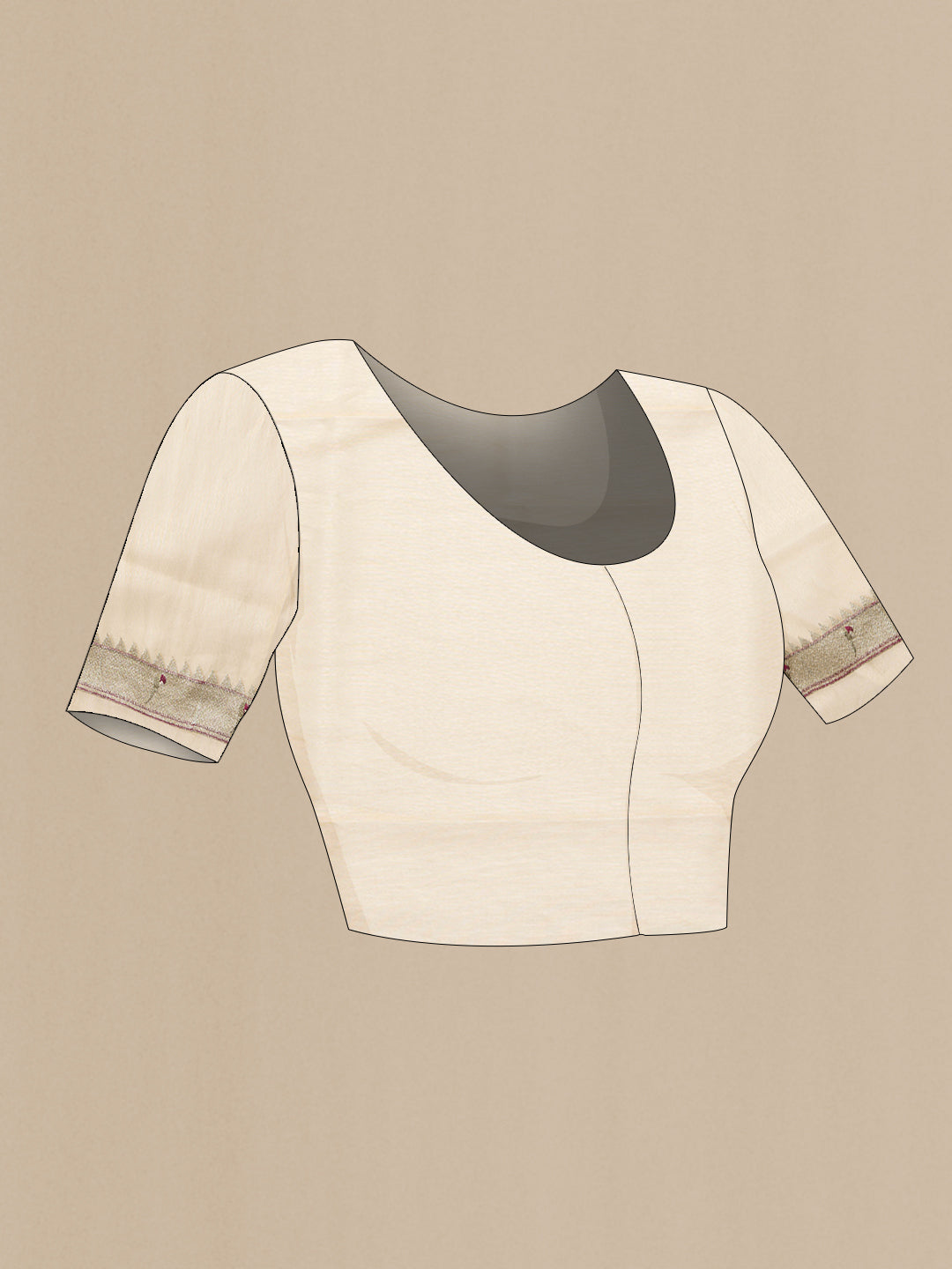 Close up image of the blouse of Sandal Dual Tone Organza Silk Saree with Zari Butta on the body and Fancy Border. 