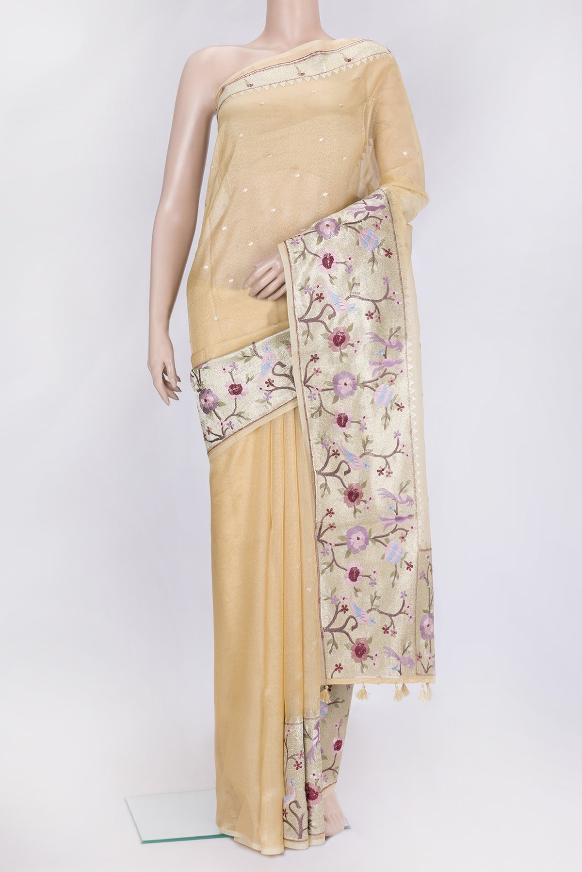 Sandal Dual Tone Organza Silk Saree with Zari Butta on the body and Fancy Border.  displayed on a mannequin