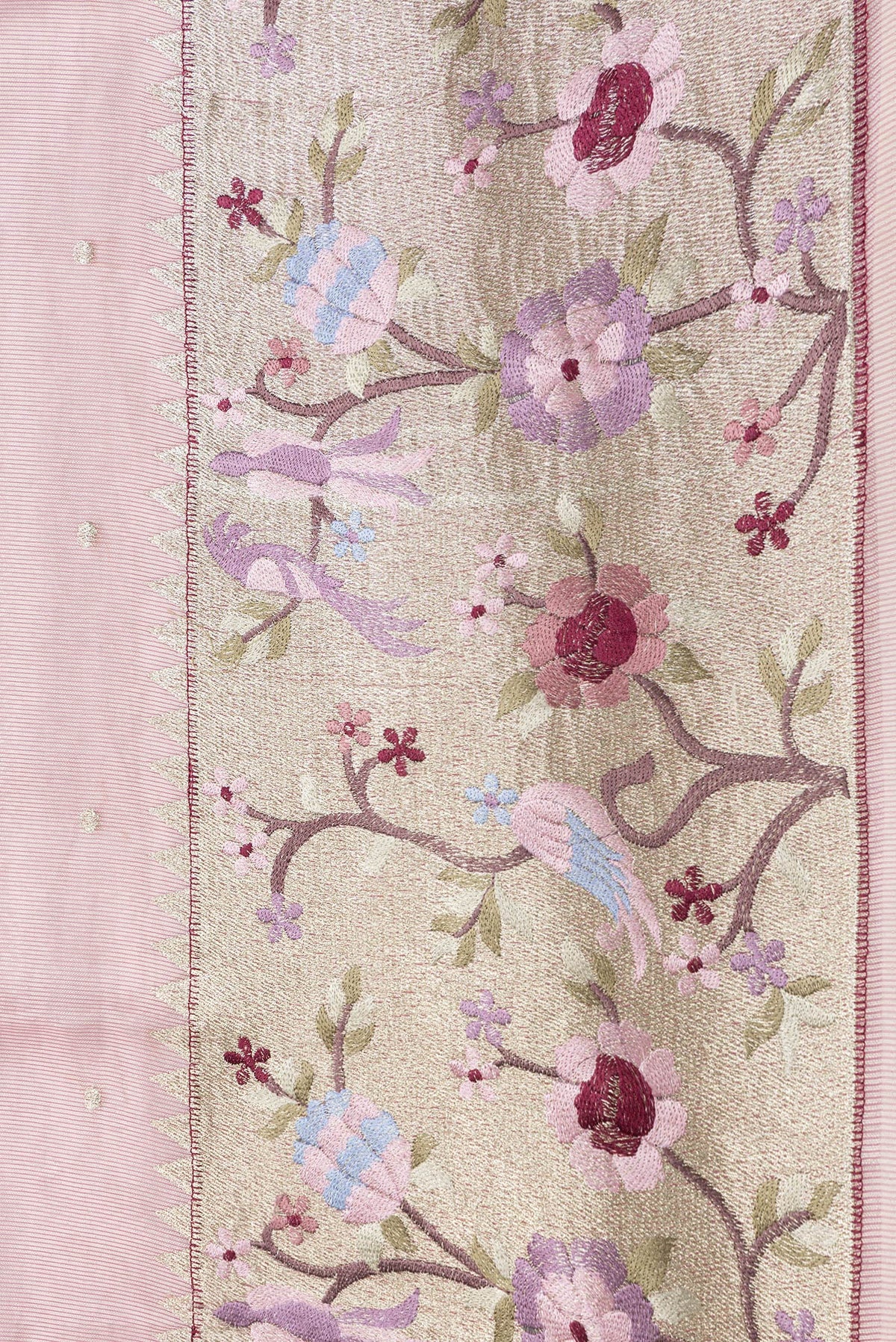 Border image of Rose Gold Dual Tone Organza Silk Saree with Zari Butta on the body and Embroidery Border. 