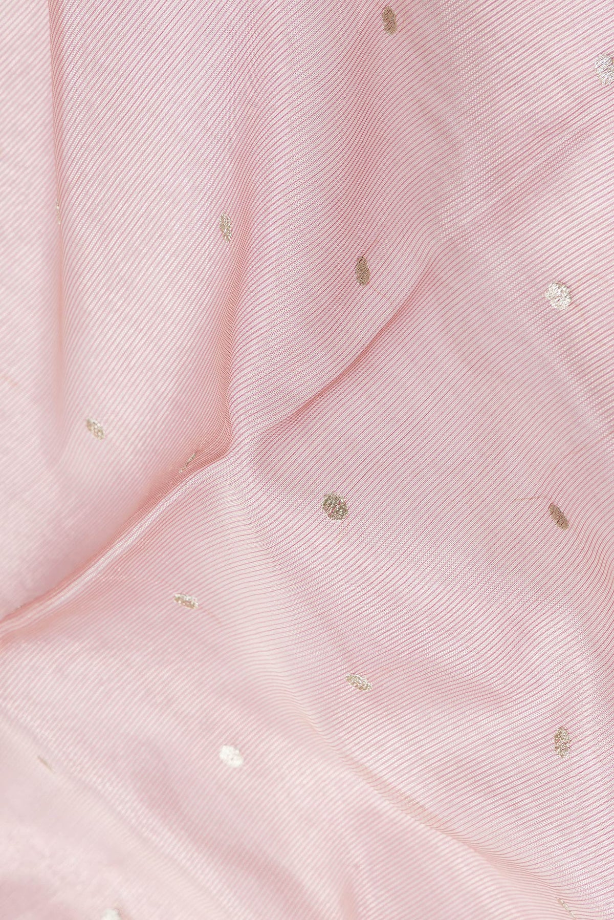 Close up of Rose Gold Dual Tone Organza Silk Saree with Zari Butta on the body and Embroidery Border.  displaying folds