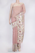 Rose Gold Dual Tone Organza Silk Saree with Zari Butta on the body and Embroidery Border.  displayed on a mannequin