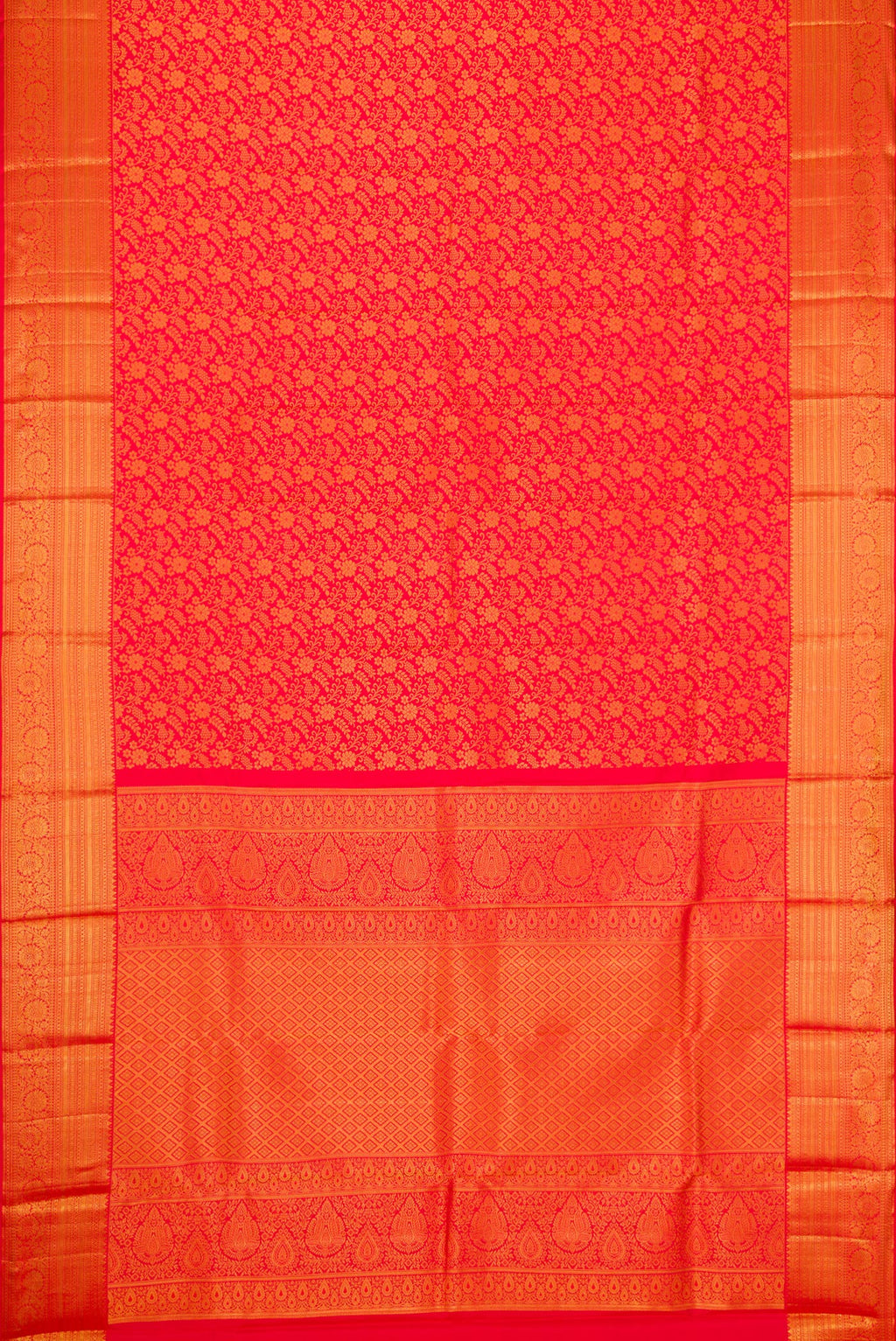 Flat view of Red Dual Tone Kanjivaram Silk Saree with Zari Brocade on the body and Zari Border. 