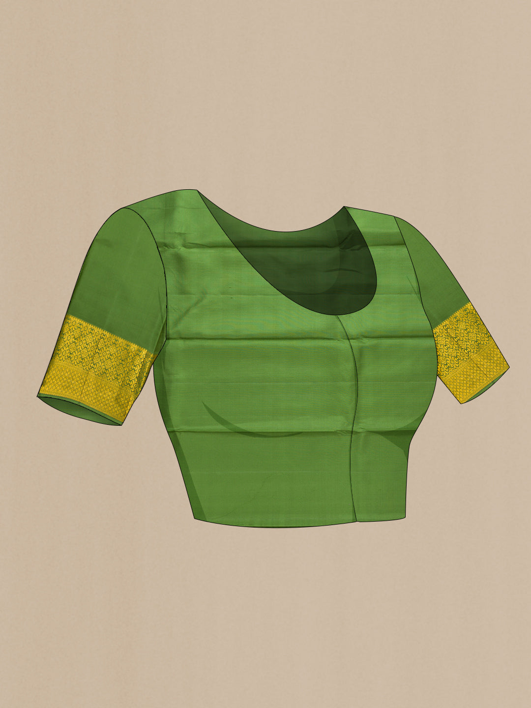 Close up image of the blouse of Mehandi Green Dual Tone Kanchipuram Silk Saree with Zari Brocade on the body and Zari Border. 