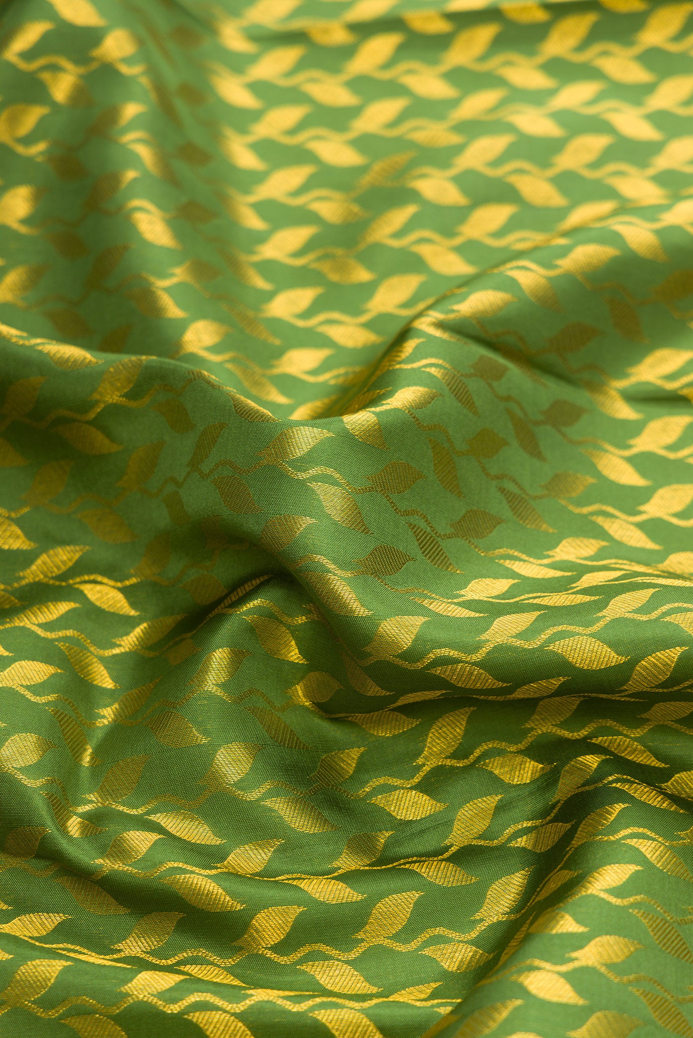 Close up of Mehandi Green Dual Tone Kanchipuram Silk Saree with Zari Brocade on the body and Zari Border.  displaying folds