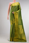 Mehandi Green Dual Tone Kanchipuram Silk Saree with Zari Brocade on the body and Zari Border.  displayed on a mannequin