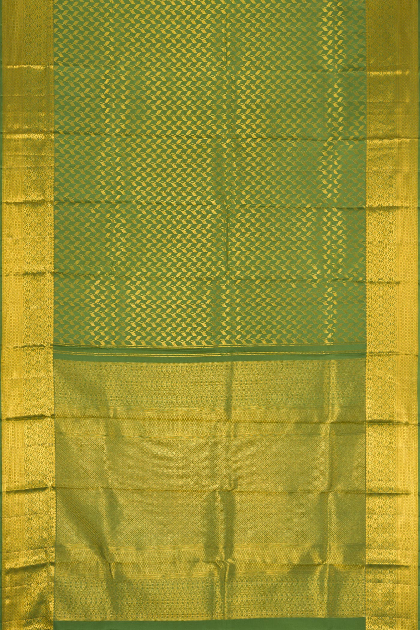 Flat view of Mehandi Green Dual Tone Kanchipuram Silk Saree with Zari Brocade on the body and Zari Border. 