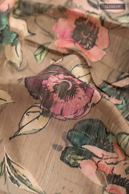 Close up of Beige Bhagalpuri Tussar Silk Saree with Printed design on the body and Zari Border displaying folds
