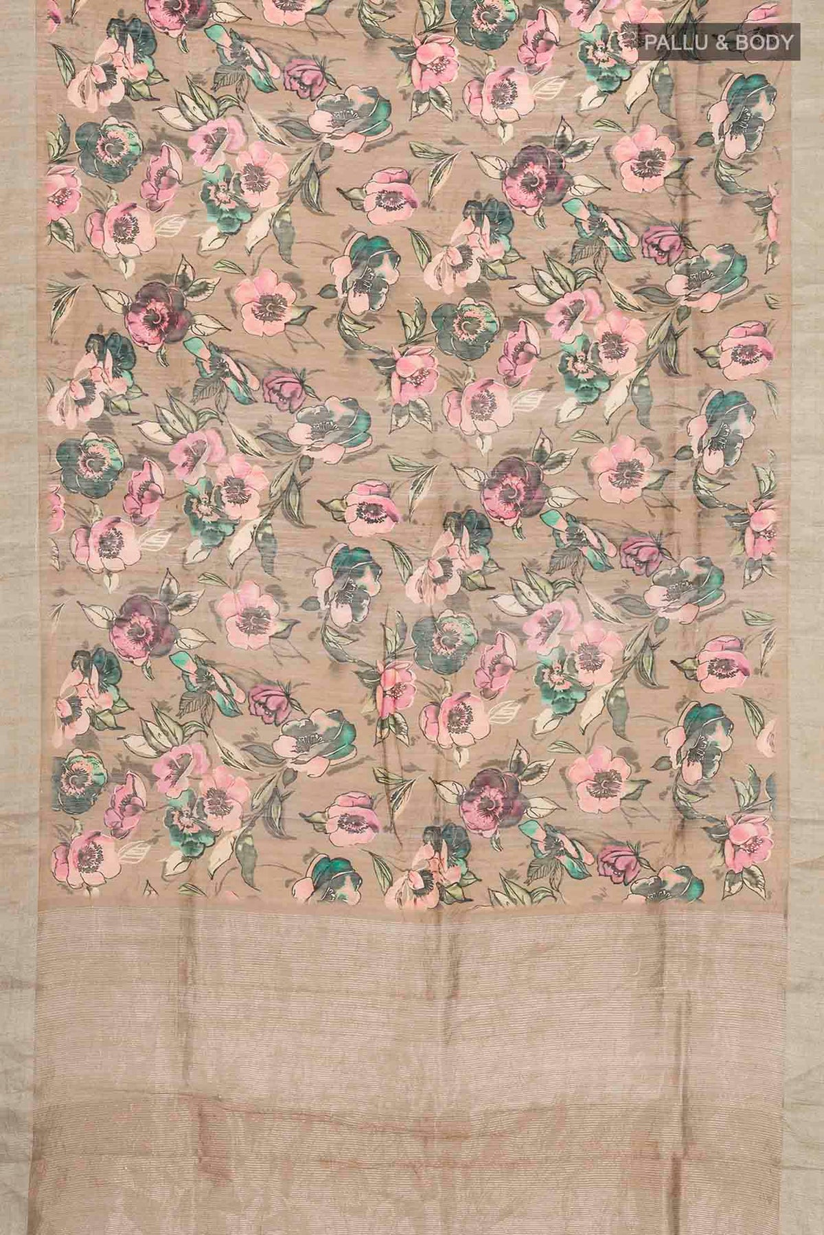 Flat view of Beige Bhagalpuri Tussar Silk Saree with Printed design on the body and Zari Border