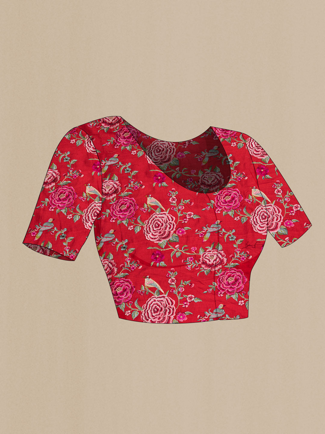 Close up image of the blouse of Red Dual Tone Mysore Georgette Saree with Stripes on the body and Embroidery Border