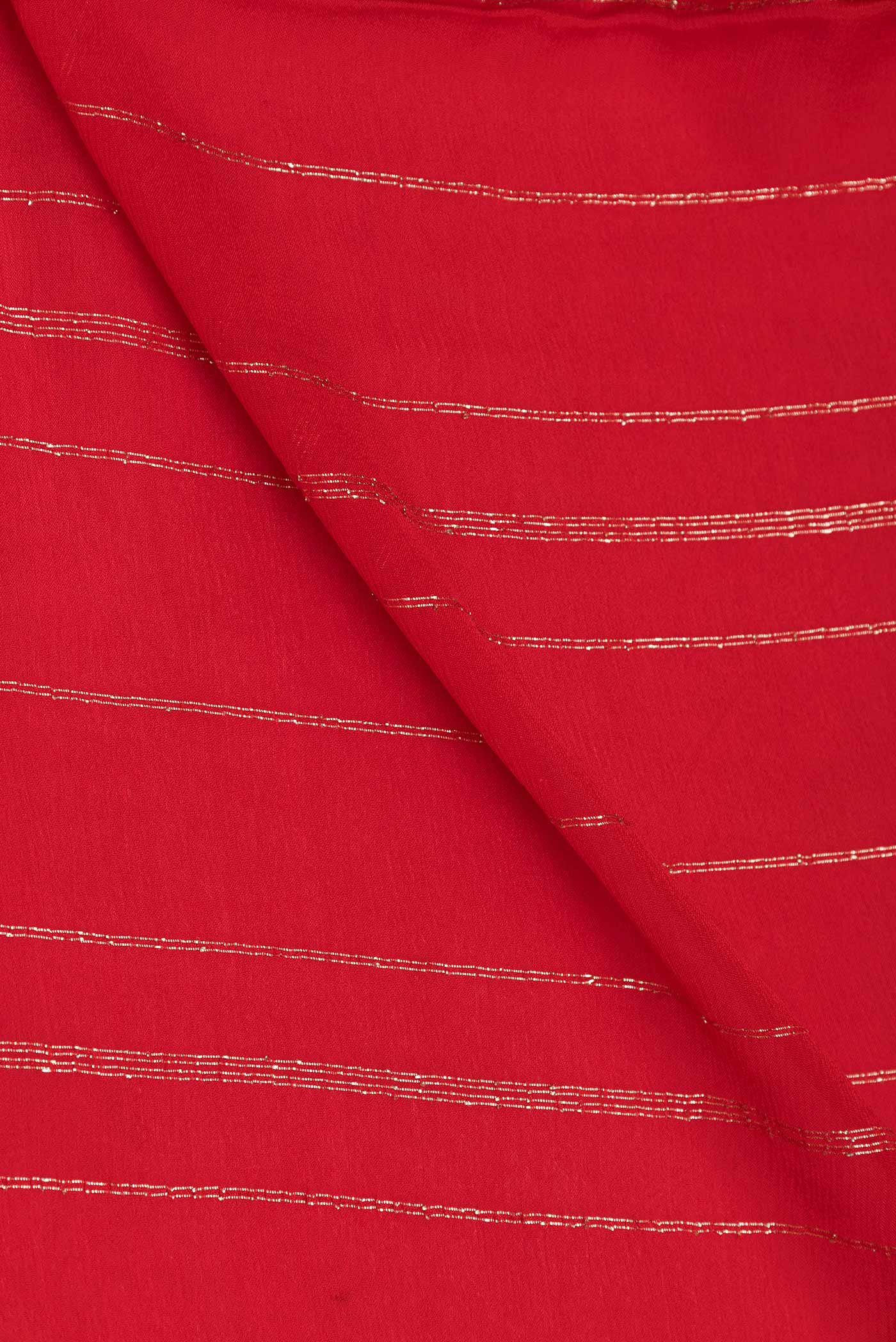 Close up of Red Dual Tone Mysore Georgette Saree with Stripes on the body and Embroidery Border displaying folds