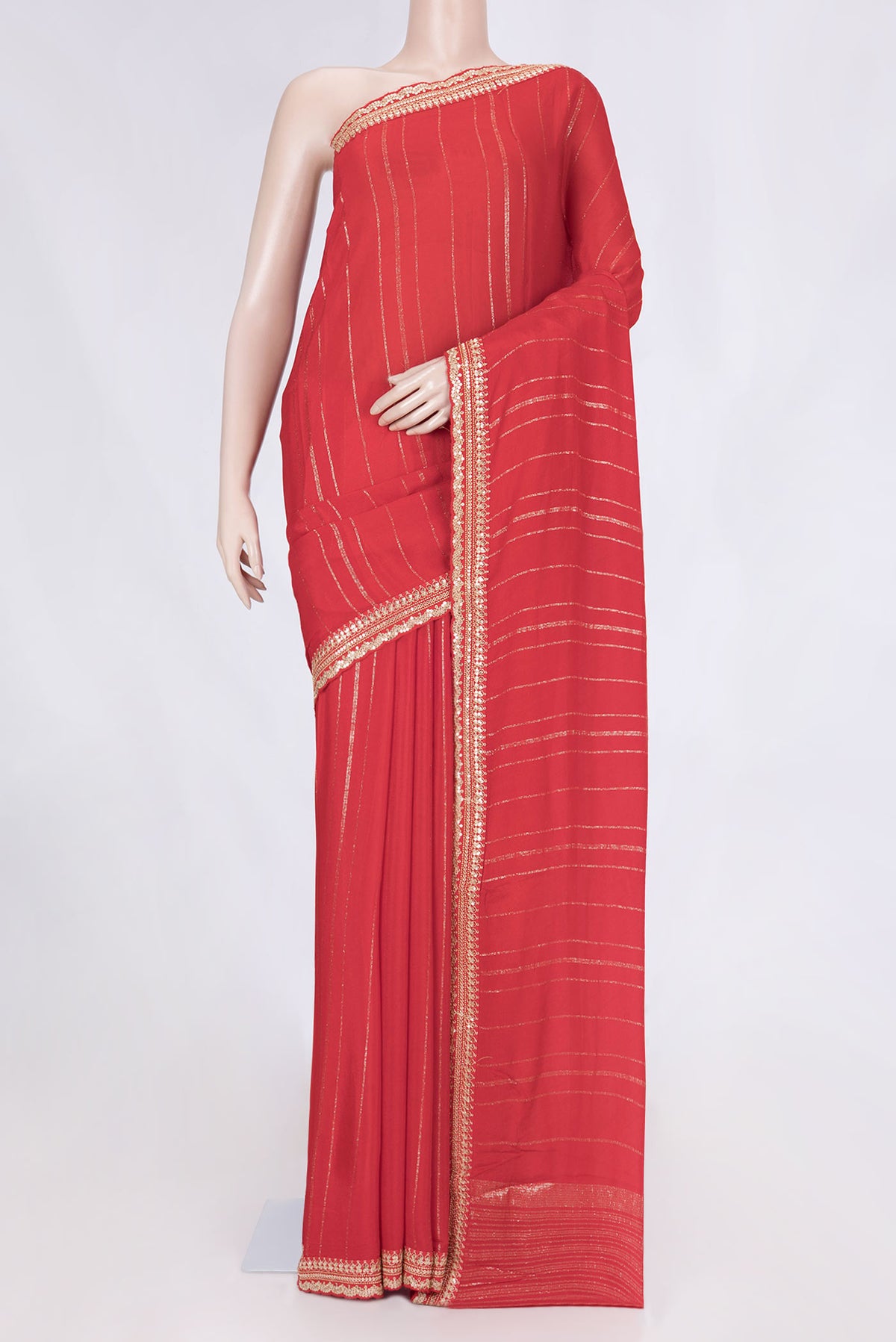 Red Dual Tone Mysore Georgette Saree with Stripes on the body and Embroidery Border displayed on a mannequin