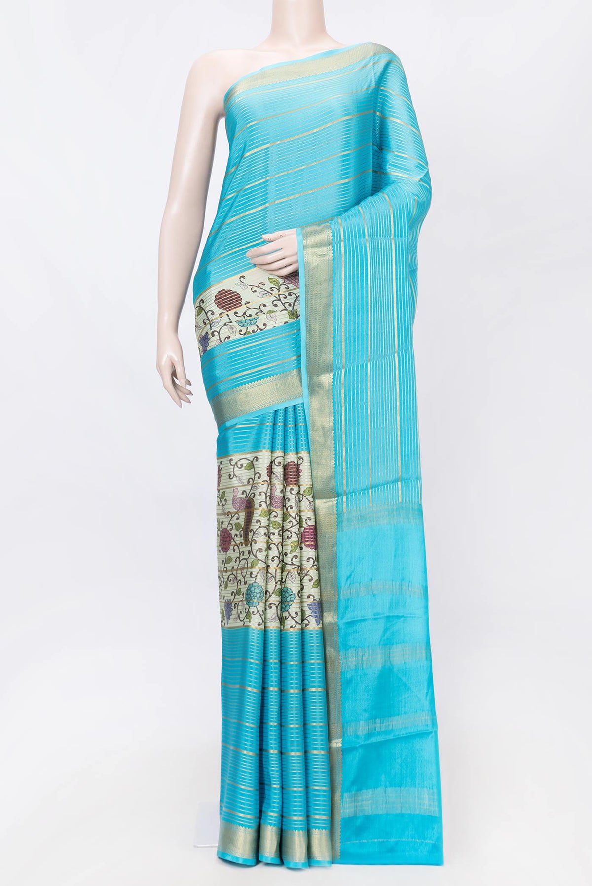 Sky Blue Dual Tone Mysore Crepe Saree with Stripes on the body and Zari Border displayed on a mannequin