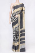 Grey Dual Tone Mysore Crepe Saree with Printed design on the body and Zari Border displayed on a mannequin
