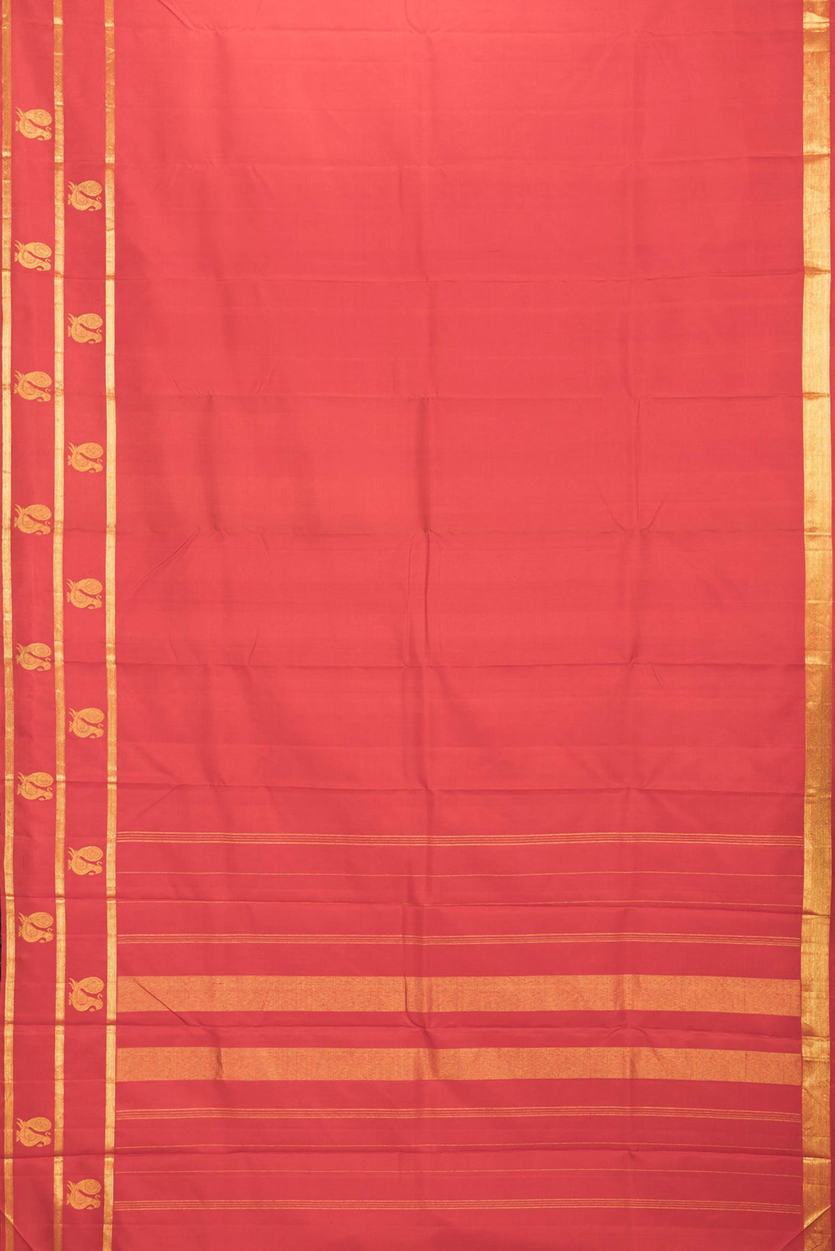 Flat view of Red Dual Tone Kanchipuram Saree with Plain Body and Zari Border. 