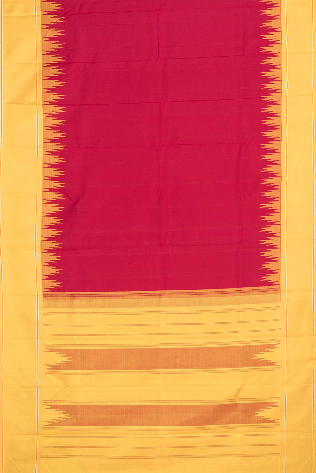 Flat view of Maroon Dual Tone Kanchipuram Saree with Plain Body and Temple Border. 