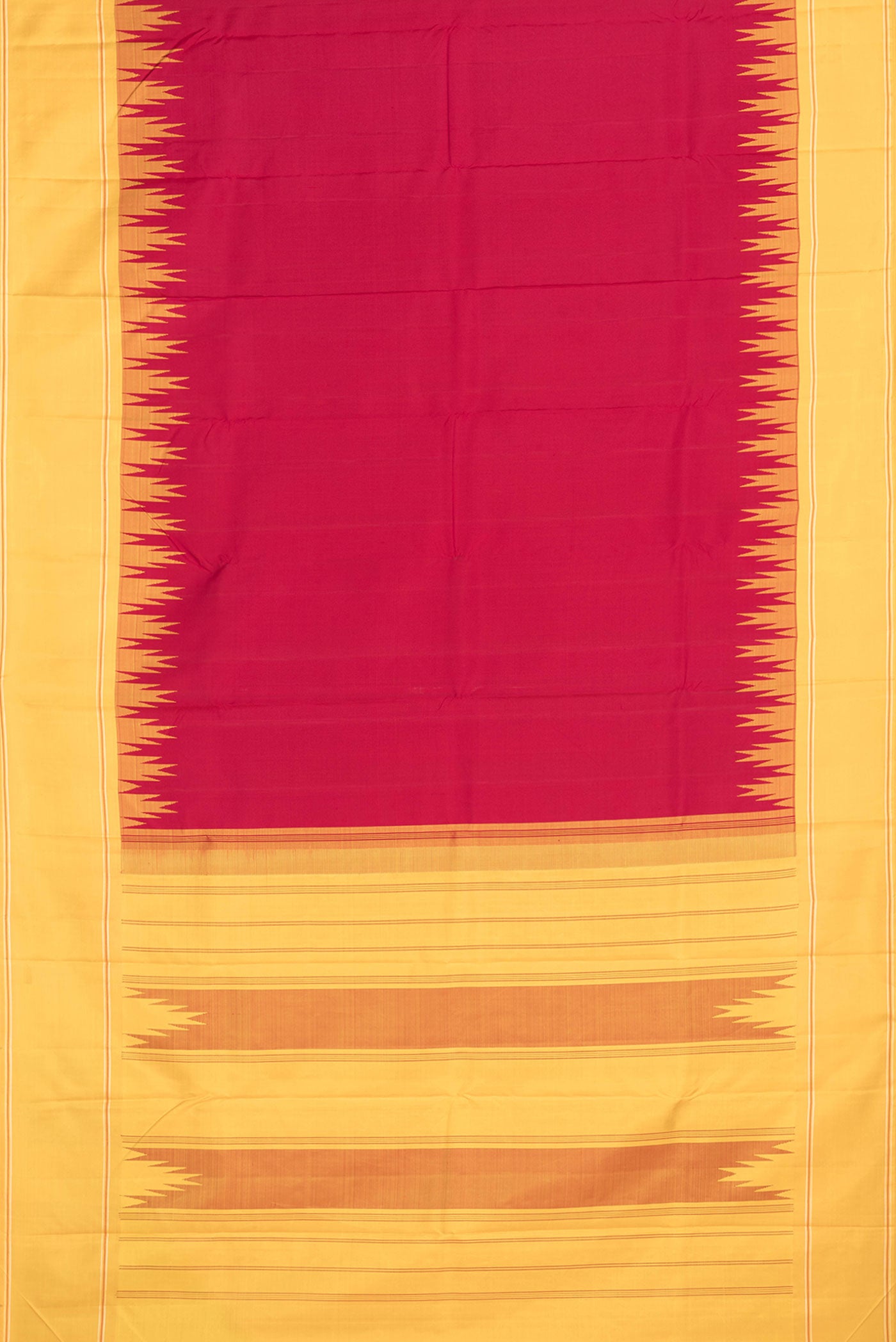 Flat view of Maroon Dual Tone Kanchipuram Saree with Plain Body and Temple Border. 