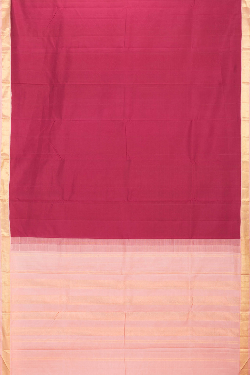 Flat view of Maroon Dual Tone Kanchipuram Saree with Plain Body and Zari Border. 