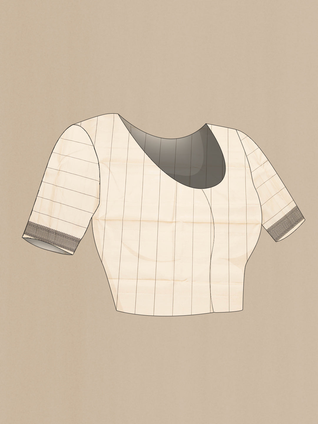 Close up image of the blouse of Pure Silk Beige Dual Tone Kanchipuram Saree with Checked design on the body and Thread Border. 