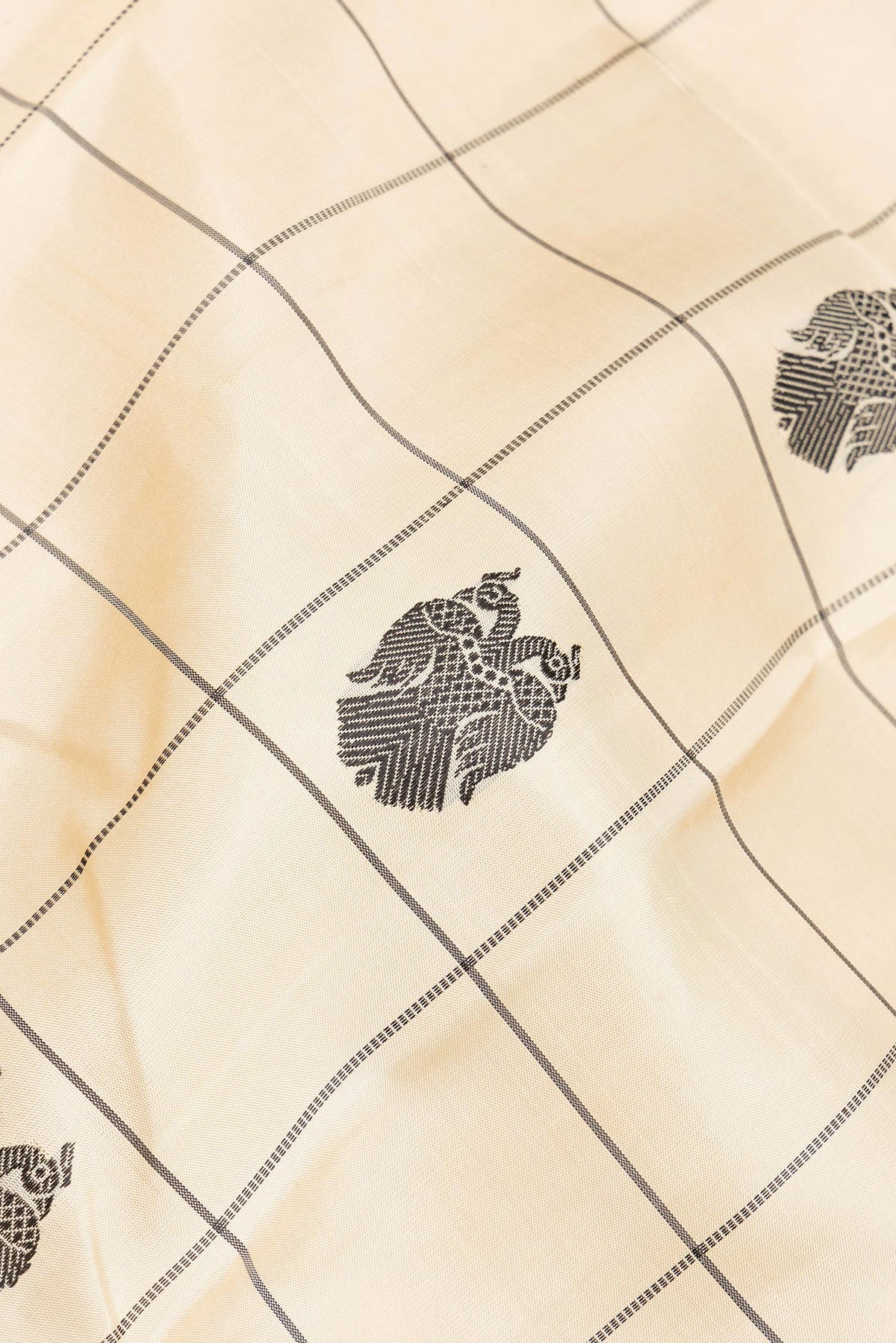 Close up of Pure Silk Beige Dual Tone Kanchipuram Saree with Checked design on the body and Thread Border.  displaying folds