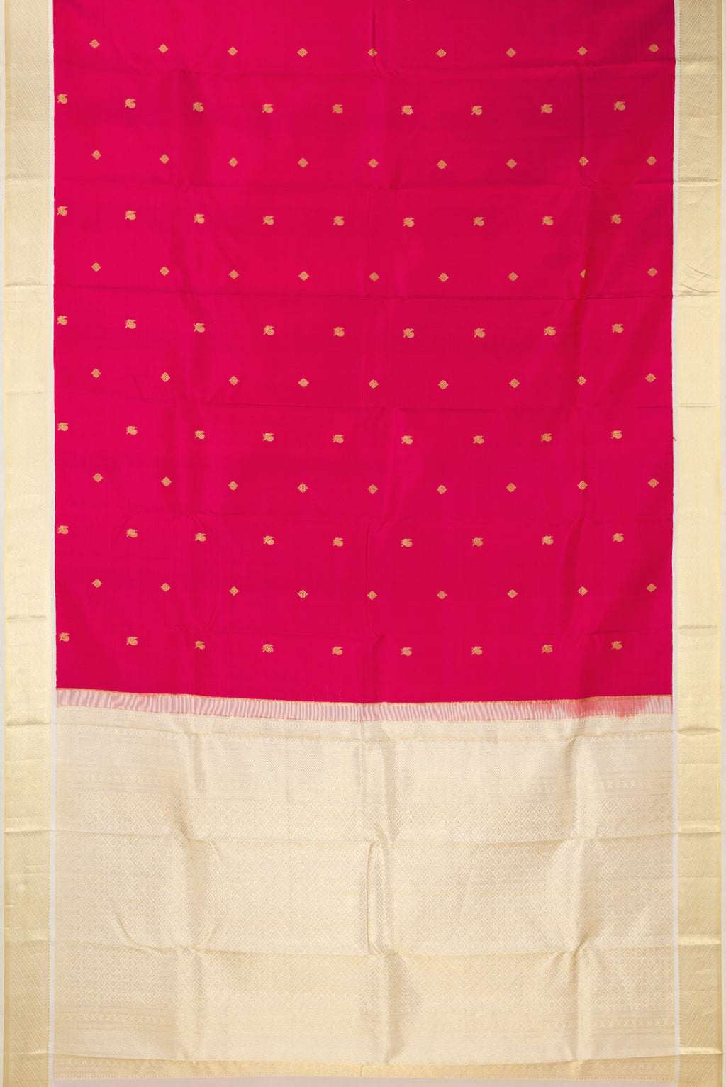 Flat view of Pure Silk Dark Pink Kanjivaram Saree with Zari Butta on the body and Zari Border. 