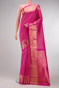Pink Dual Tone Kanjivaram Silk Saree with Zari Brocade on the body and Zari Border.  displayed on a mannequin