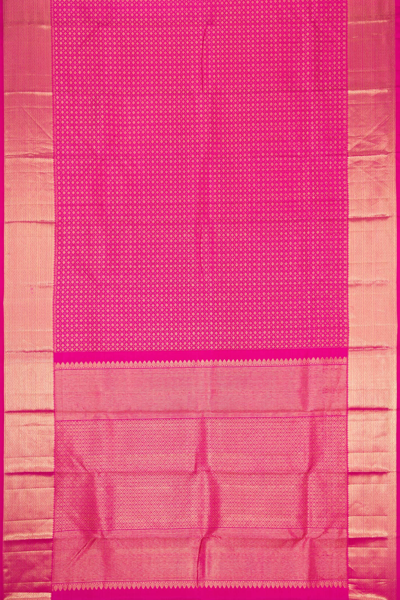 Flat view of Pink Dual Tone Kanjivaram Silk Saree with Zari Brocade on the body and Zari Border. 