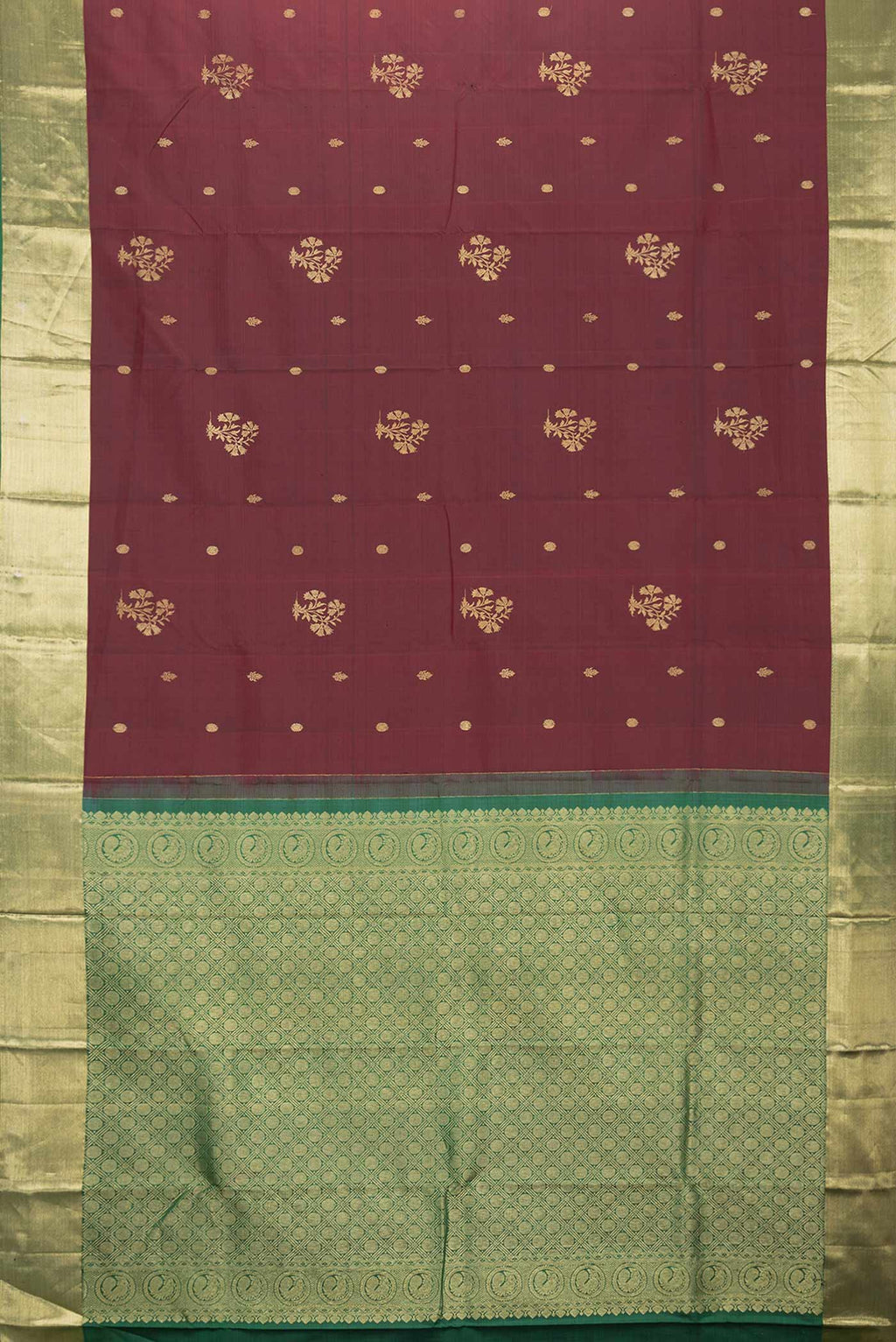 Flat view of Maroon Dual Tone Kanchipuram Silk Saree with Zari Butta on the body and Zari Border. 