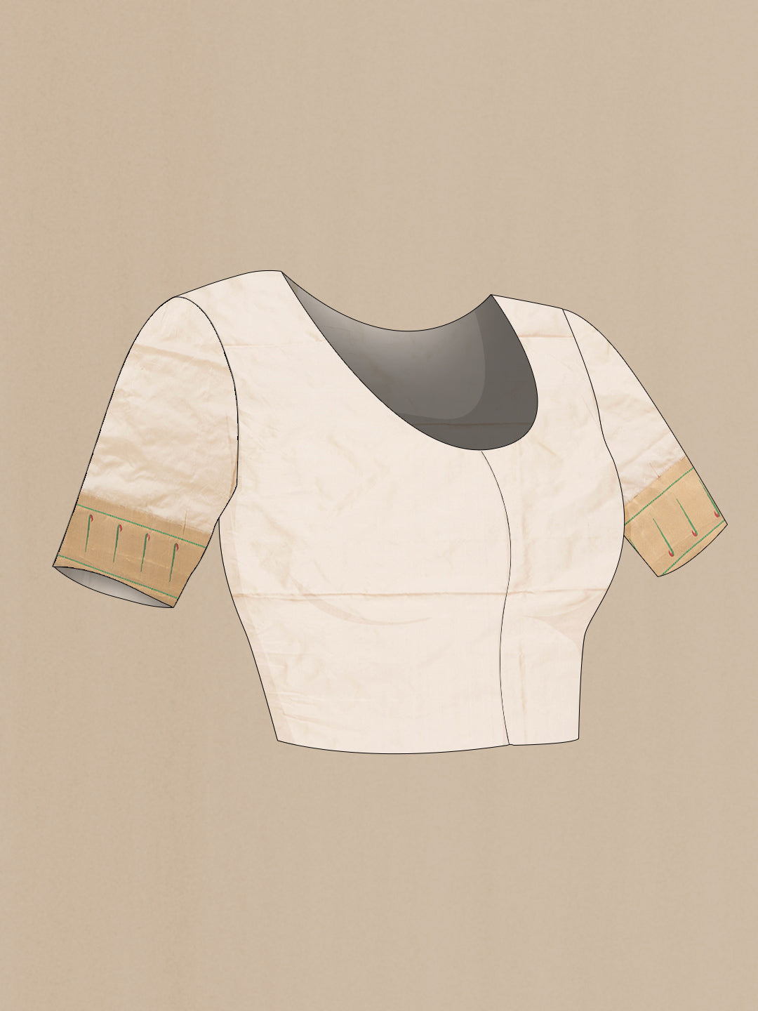 Close up image of the blouse of Cream Paithani Silk Saree with Zari Butta on the body and Paithani Border