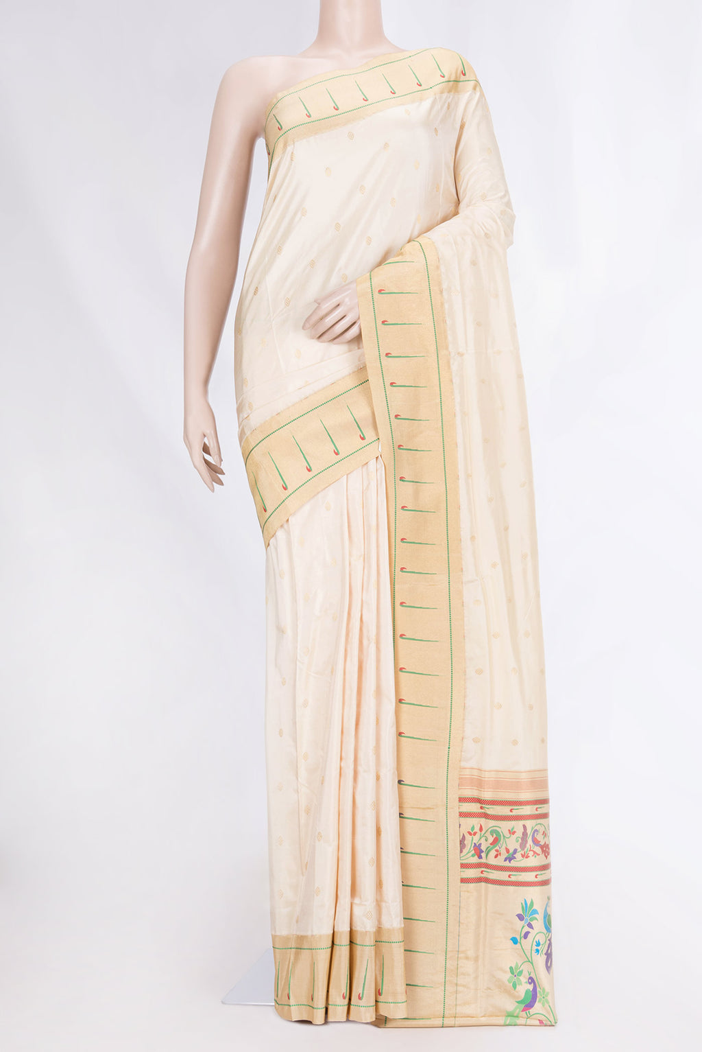 Cream Paithani Silk Saree with Zari Butta on the body and Paithani Border displayed on a mannequin