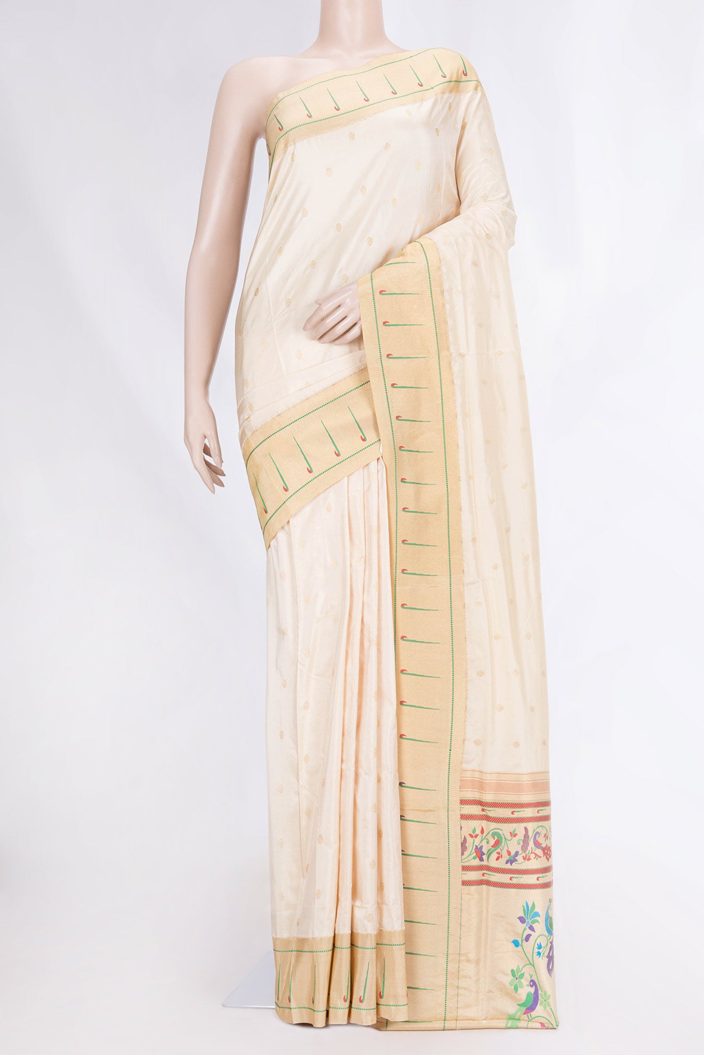Cream Paithani Silk Saree with Zari Butta on the body and Paithani Border displayed on a mannequin