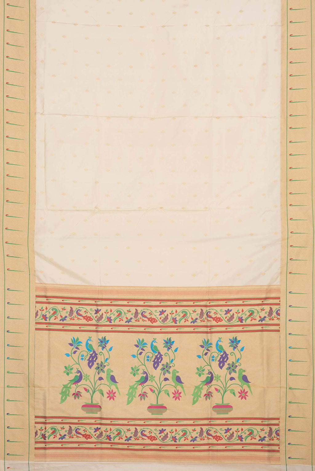 Flat view of Cream Paithani Silk Saree with Zari Butta on the body and Paithani Border