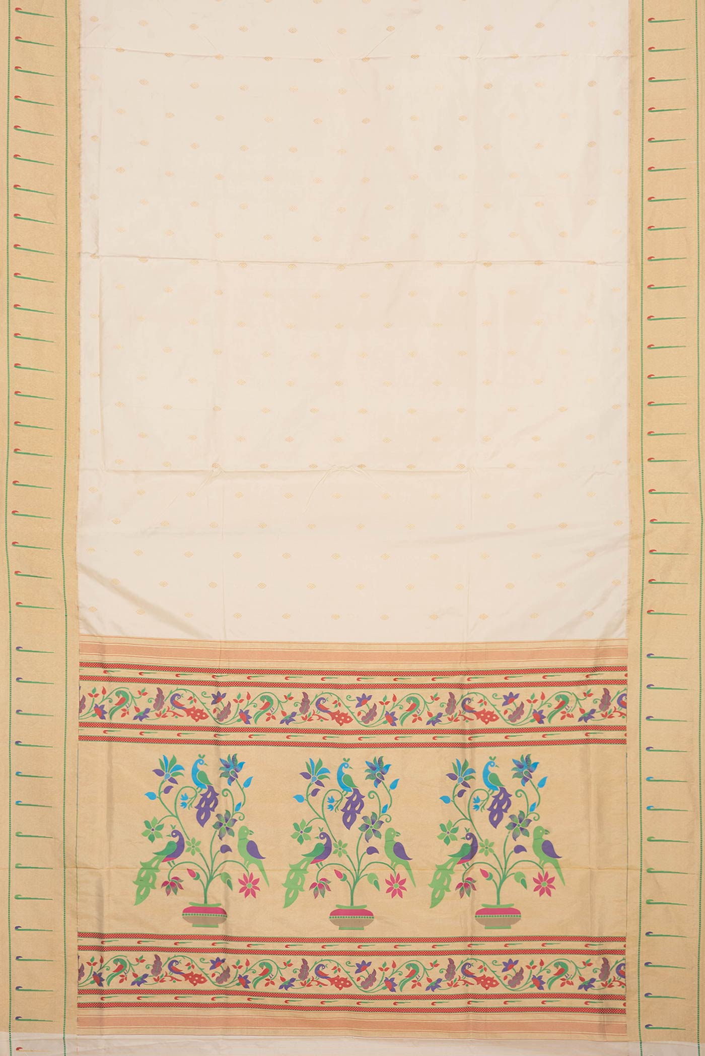 Flat view of Cream Paithani Silk Saree with Zari Butta on the body and Paithani Border