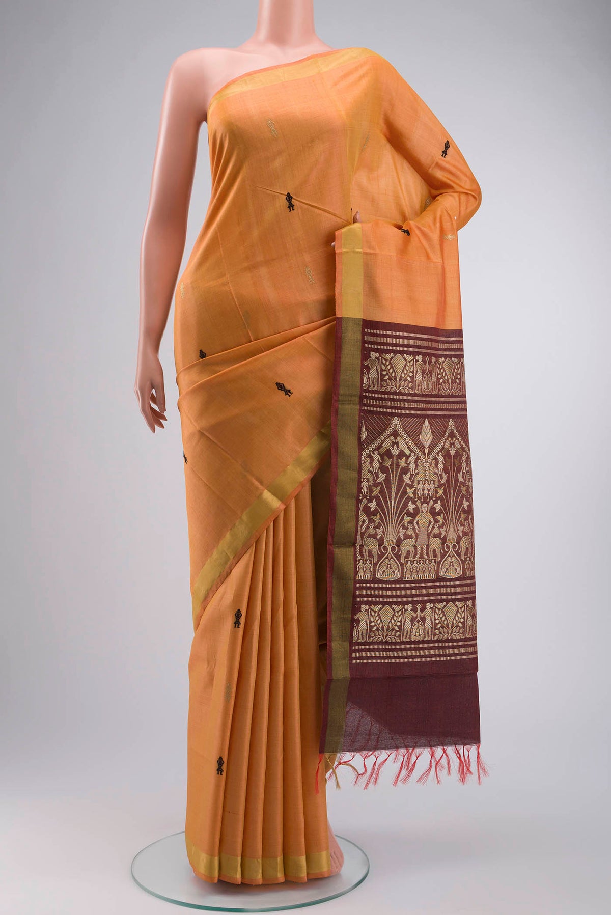 Orange Bhagalpuri Tussar Silk Saree with Zari Butta on the body and Zari Border displayed on a mannequin